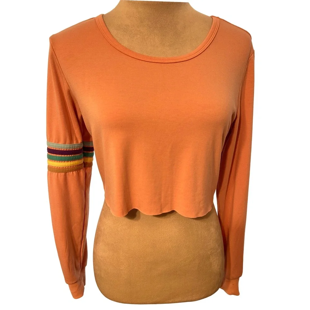 Electric Yoga Peach Crop Top Rainbow Striped Long Sleeve Womens Small